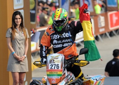 Bolivian Leonardo Martinez Saucedo on on CAN AM (BRP) is seen during the departure ceremony of the fifth South American edition of the Dakar Rally 2013 in Lima on January 5, 2013.  AFP PHOTO/ GERALDO CASO.